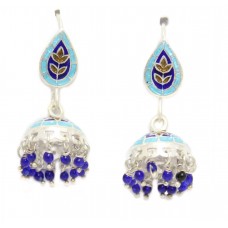Earrings Enamel Jhumki Dangle Sterling Silver 925 Blue Beads Traditional C19